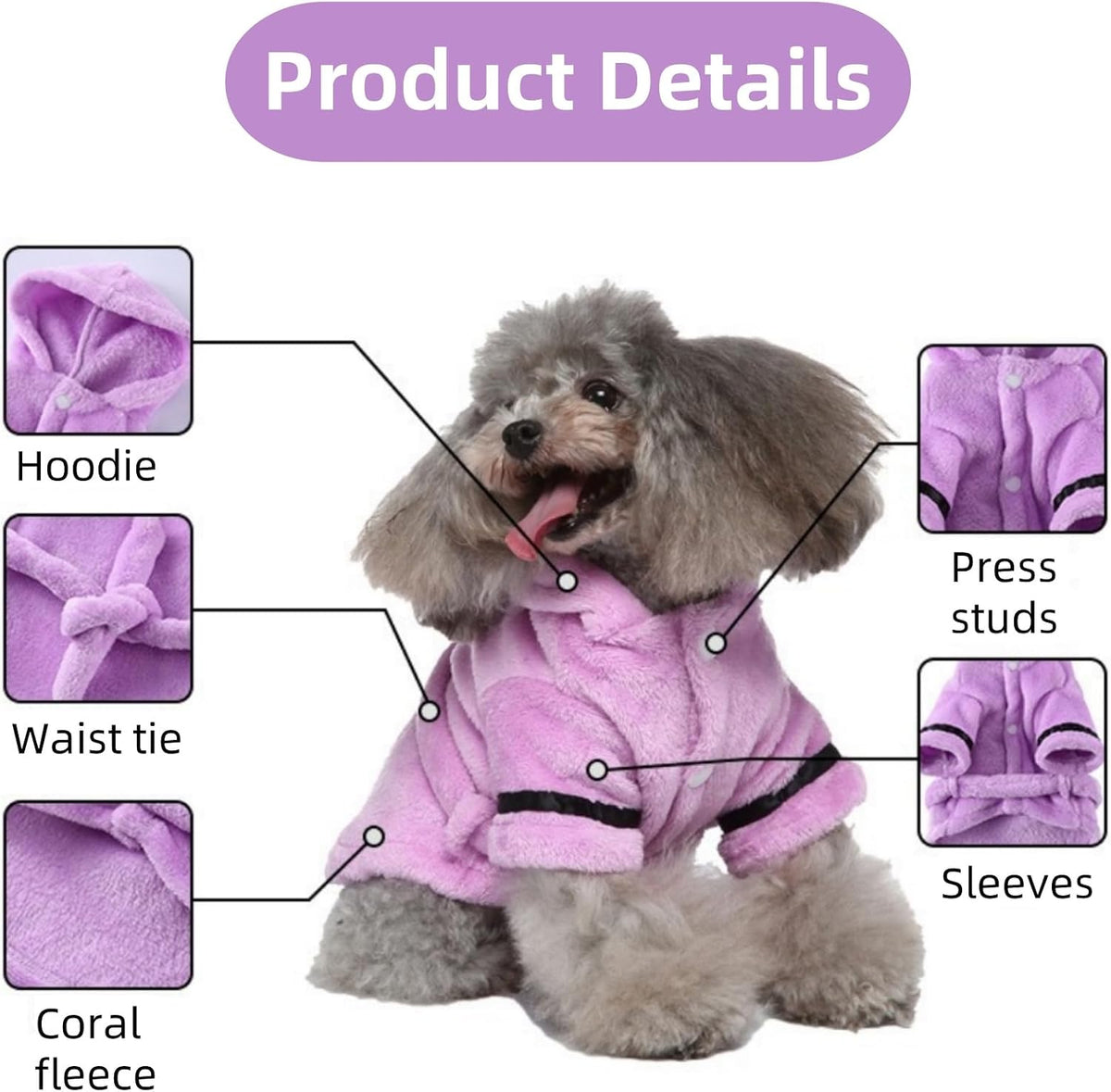 Pet Bathrobe Dog Pajama, Thickened Hooded - Purple / Small - image 2