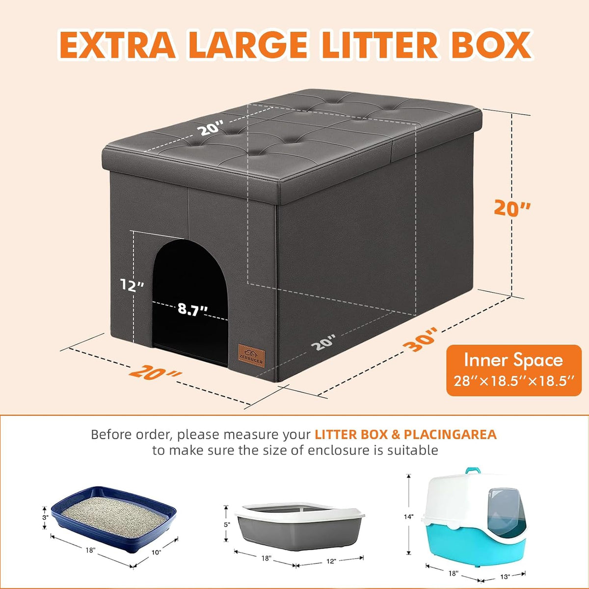 Zerbuger Cat Litter Box Enclosure Furniture for Odor Control – Essentials for Cats - Gray-Faux Leather / X-Large - image 2