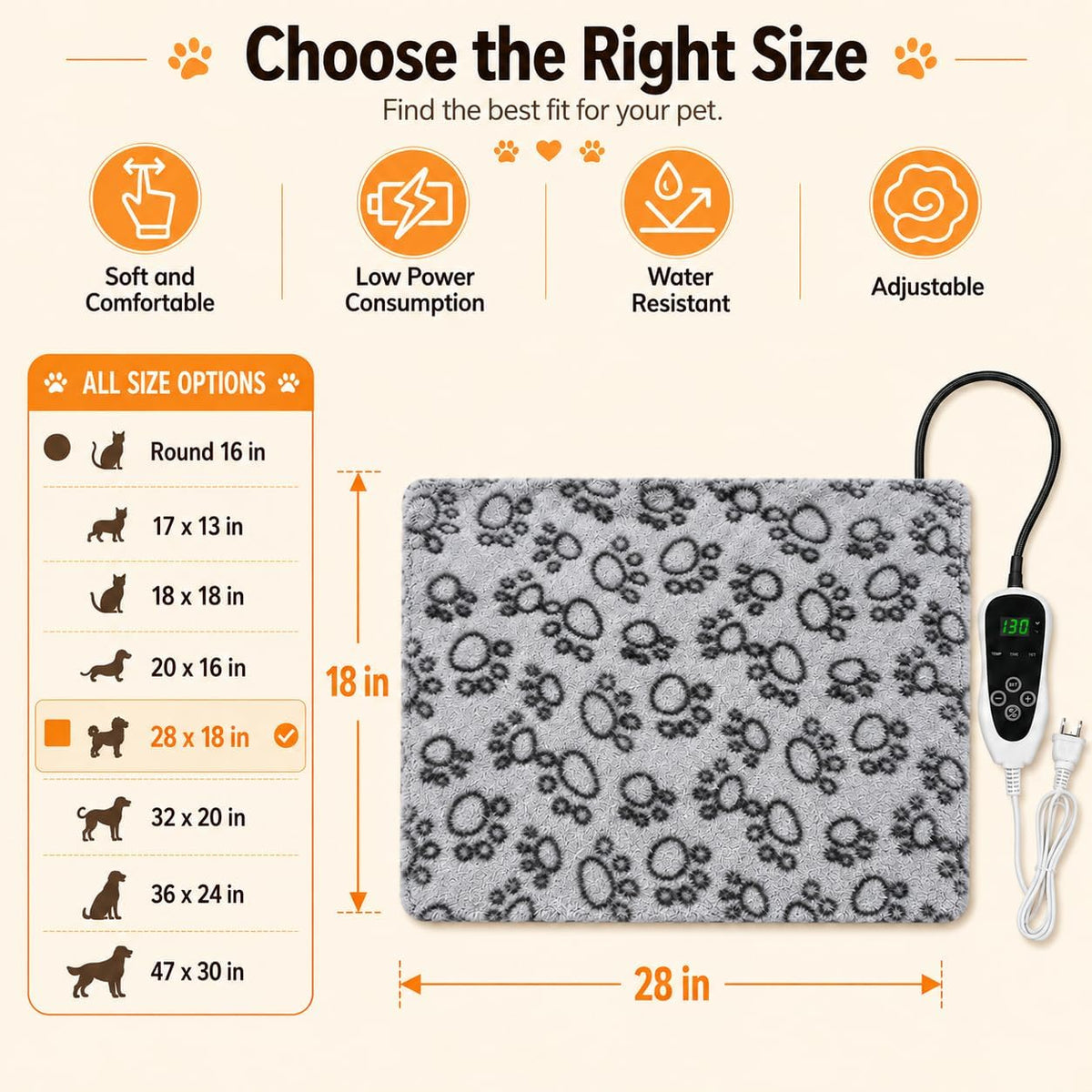 Large Dog Heating Pad 36x24 in with Normally Open Function – Essentials for Dogs - Grey / 28 x 18 in - image 2