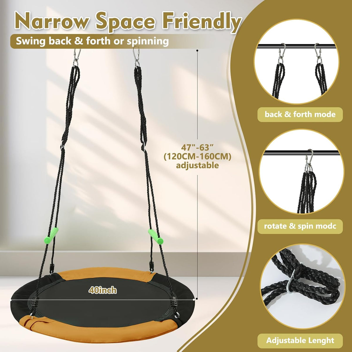 TBMLC 24 Inch Diameter Round Black Saucer Swing/Tree Swing Armrest - 40 inch diameter / Black+orange - image 3