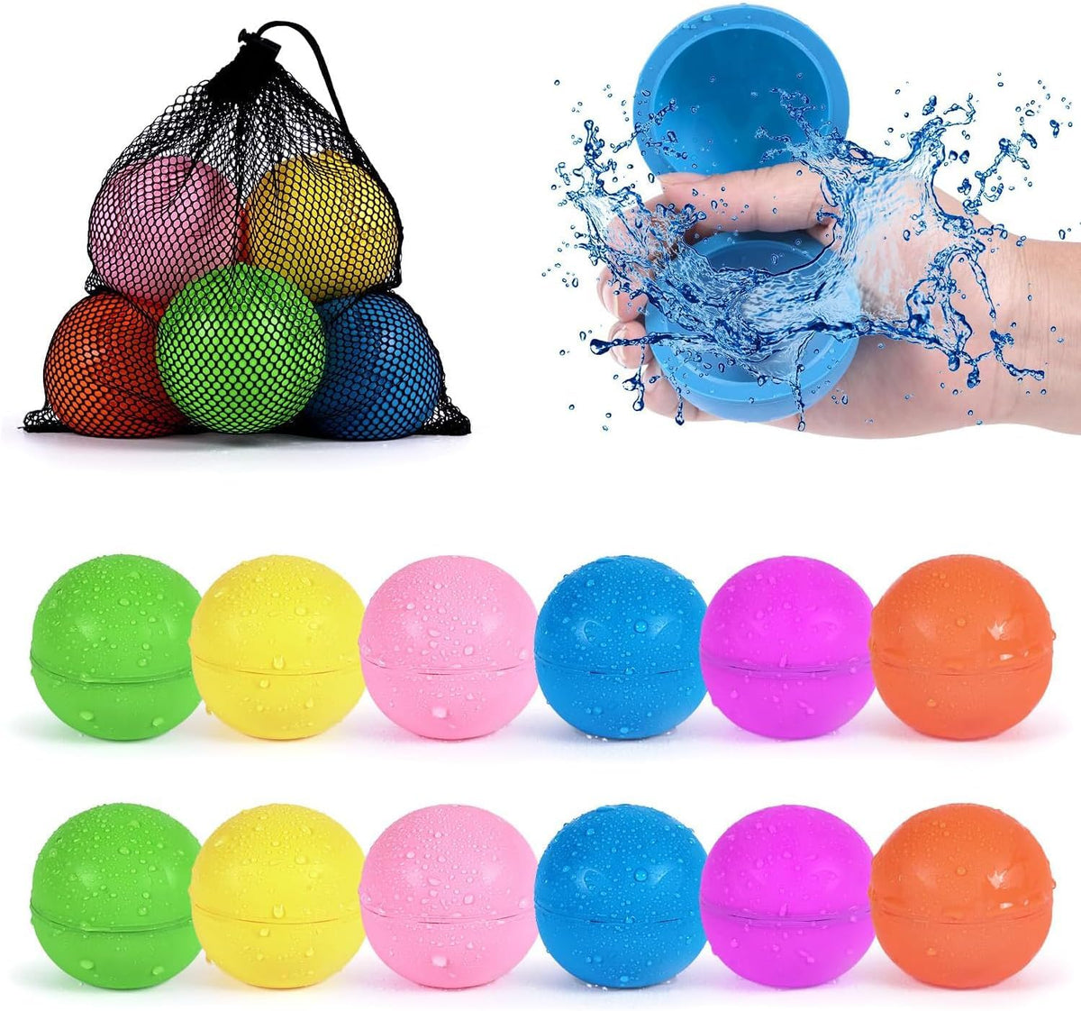 Reusable Water Balloons 6 Pcs with Mesh Bag - Pure Color / 12 Pcs