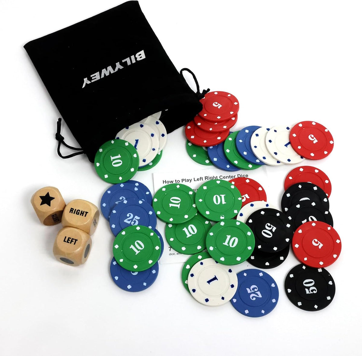 Bilywey Left Right Dice Game Set with 3 Dices + 36 Black Chips – Fun for Kids & Family - Wood Set - image 2