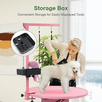 Electric Hydraulic Lift Pet Dog Grooming Table, 24Inch Grooming Desktop for Small Dogs, with Overhead Arm, Wireless Remote, Tool Organizer, Pink