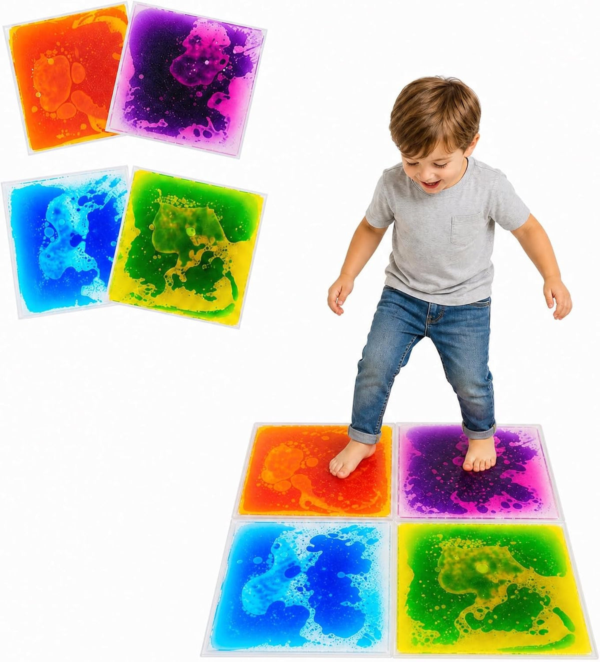 edusense 4 pack of 11.8 inch liquid sensory floor tiles with moving multicolor gel and non-slip base - view 4