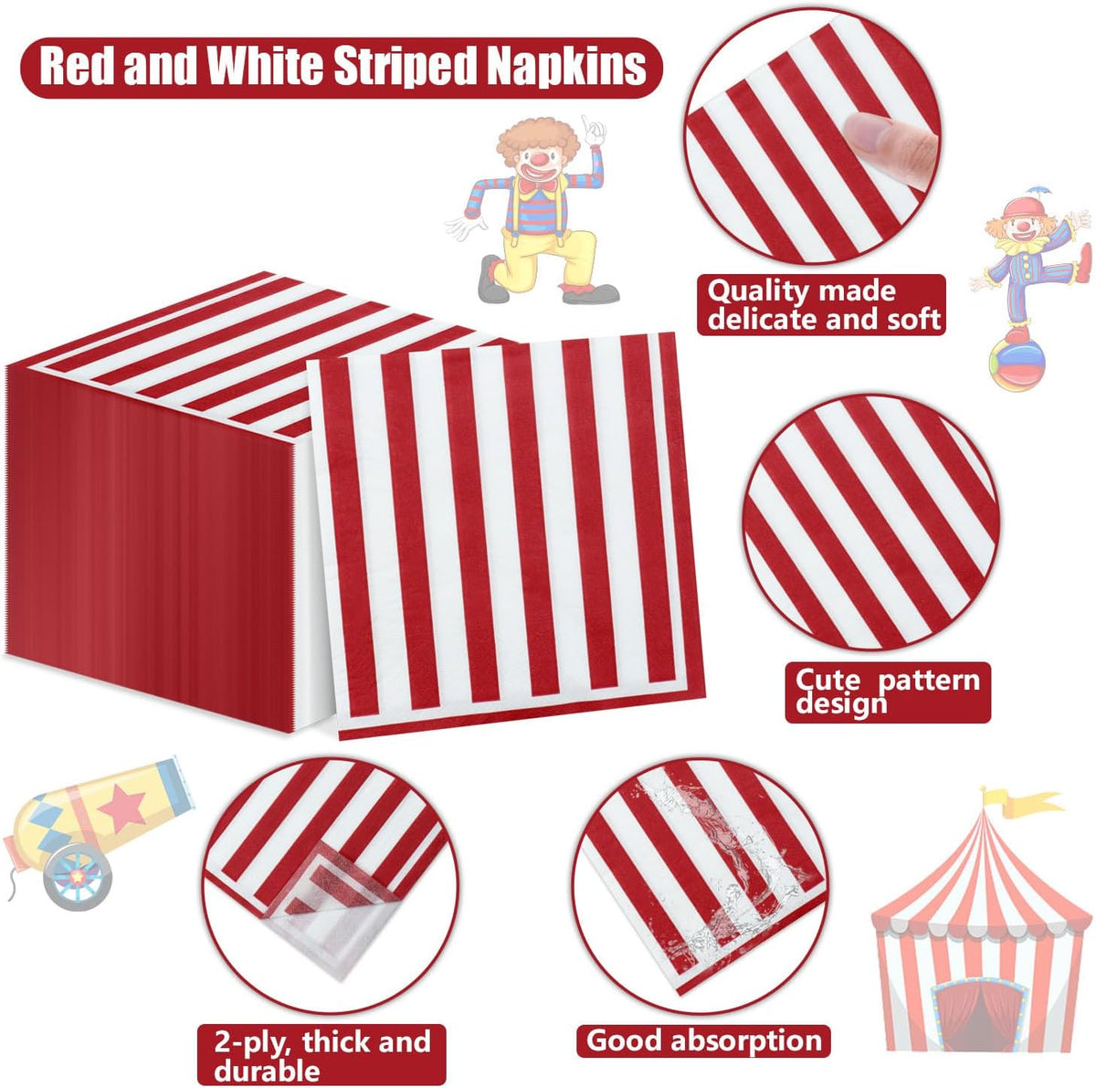 PIXHOTUL 100 pack red and white striped carnival paper napkins - view 36