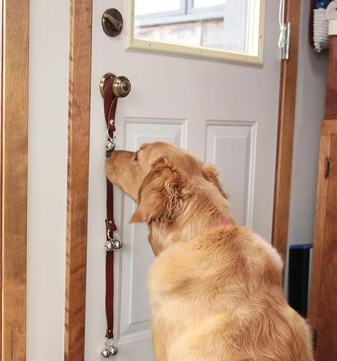 Leather Dog Doorbells for Door Knob/Potty Training/Go Outside, Length Adjustment Copper Dog Bell, Housetraining Hanging Bell, White Leather Golden Bells - 2 Pack.