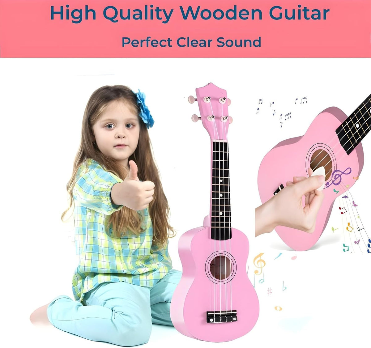 Jakeloo 21 inch pink wooden acoustic guitar with 4 strings for beginners - view 7