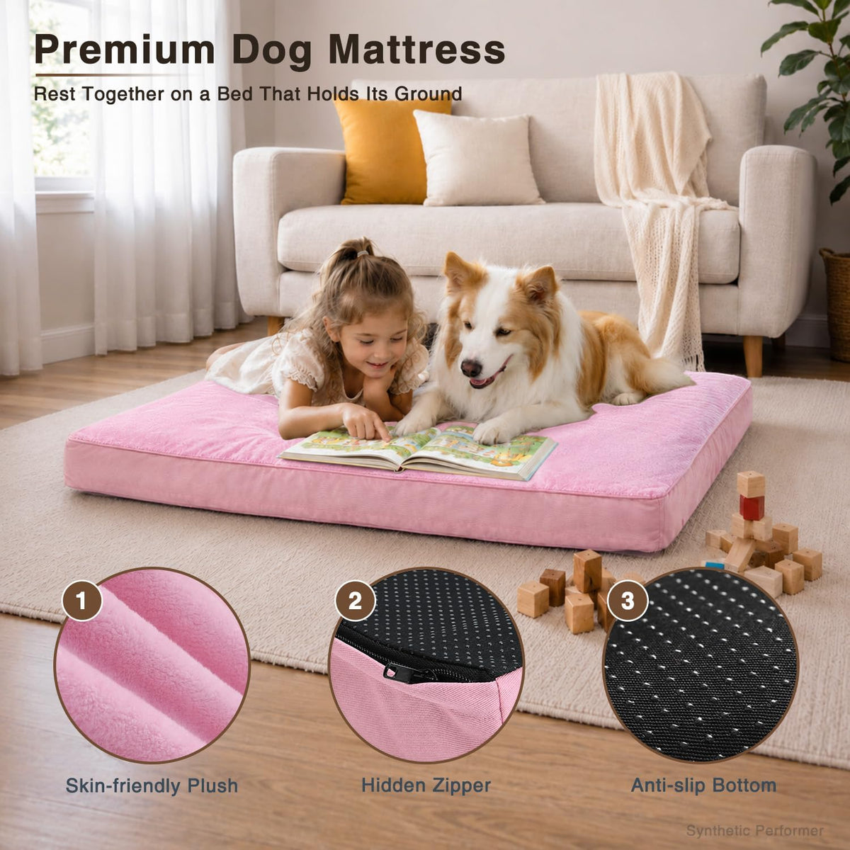 Large Plush Dog Bed for Crate with Washable Cover, 35x22 - 41.0"L x 27.0"W x 3.0"Th / Pink - image 3