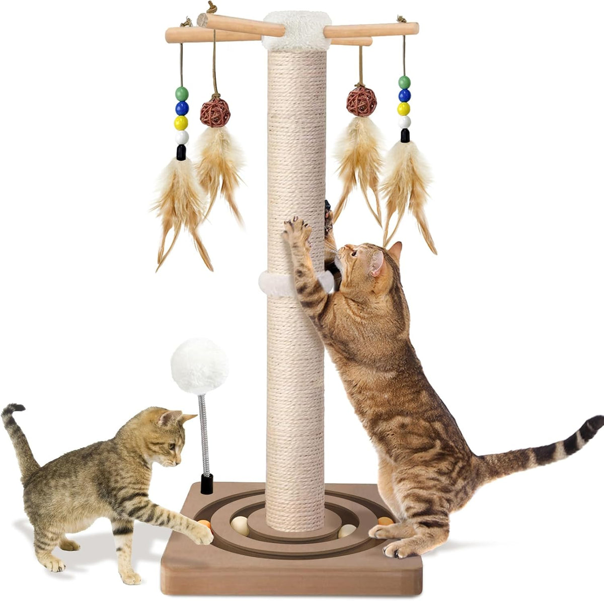 Cat Scratching Post, Sisal Scratcher with Enrichment Toys for Indoor Cats – Essentials for Cats - 25 Inches Tall / Double Track