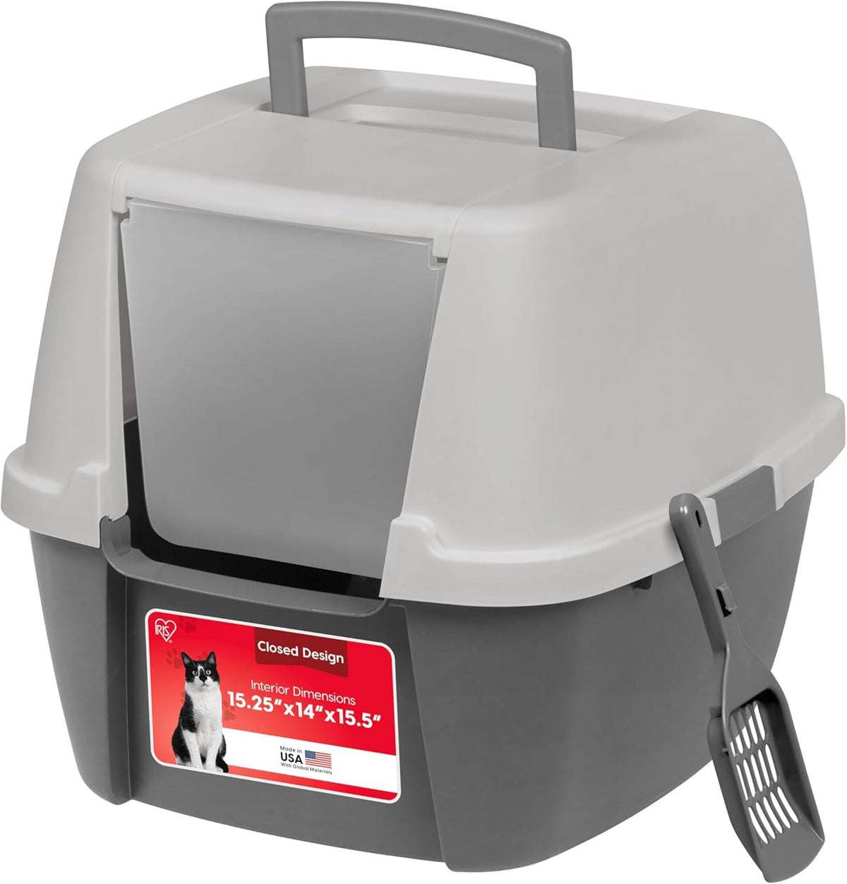 IRIS USA Large Front Door Cat Litter Box, Walk-in Entry - Jumbo Enclosed / Dark Gray w/ Scoop