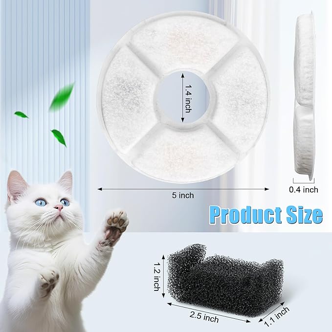 12 Pack Cat Water Fountain Filter, 8 Pcs Cat Fountain Filters Replacement & 4 Pcs Pre-Filter Sponges for 81oz / 2.4L Round Automatic Pet Water Fountain Dog Dispenser, 3-Filtration System