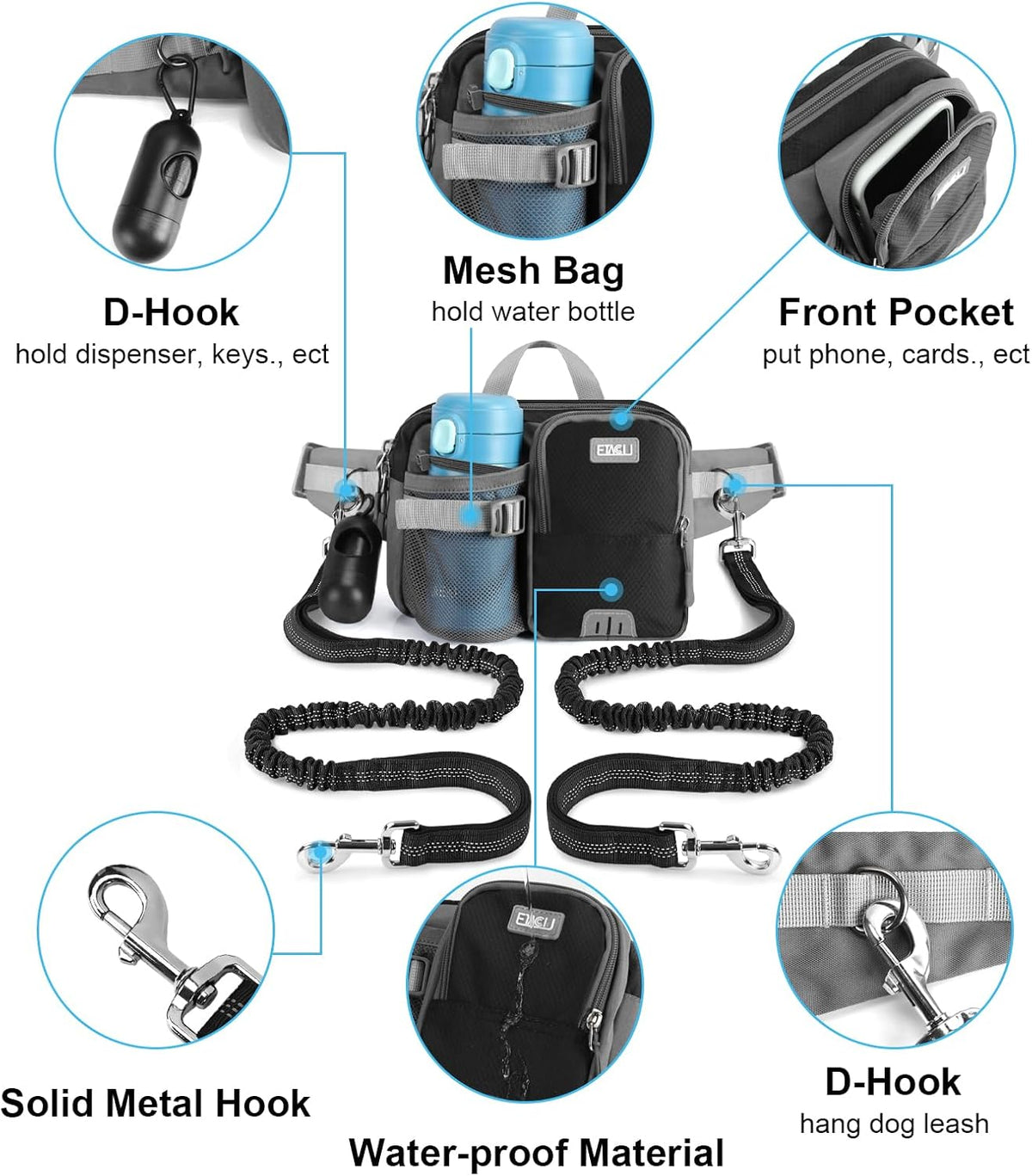 ETACCU Hands Free Dog Leash with Phone Pouch - 2 Dog Blue-black - image 4