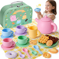 Golray 22-piece silicone tea set for toddlers with teapot, cups, desserts and storage box