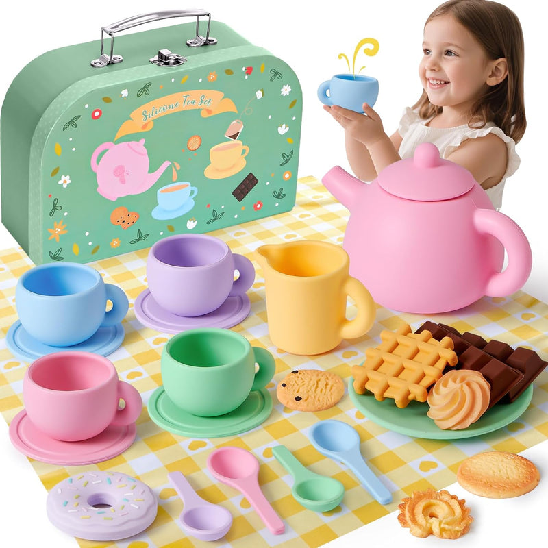 Golray 22-piece silicone tea set for toddlers with teapot, cups, desserts and storage box