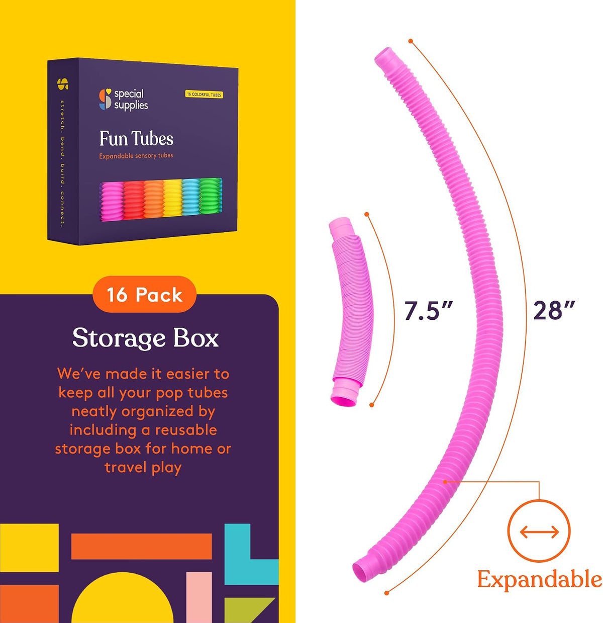 Special Supplies Fun Pull and Stretch Tubes for Kids, Pop, Bend - 16-Pack Primary Colors - image 3