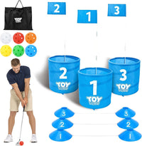 TOY Life backyard bucket golf game set with blue golf buckets, flag and golf balls on a lawn - view 3