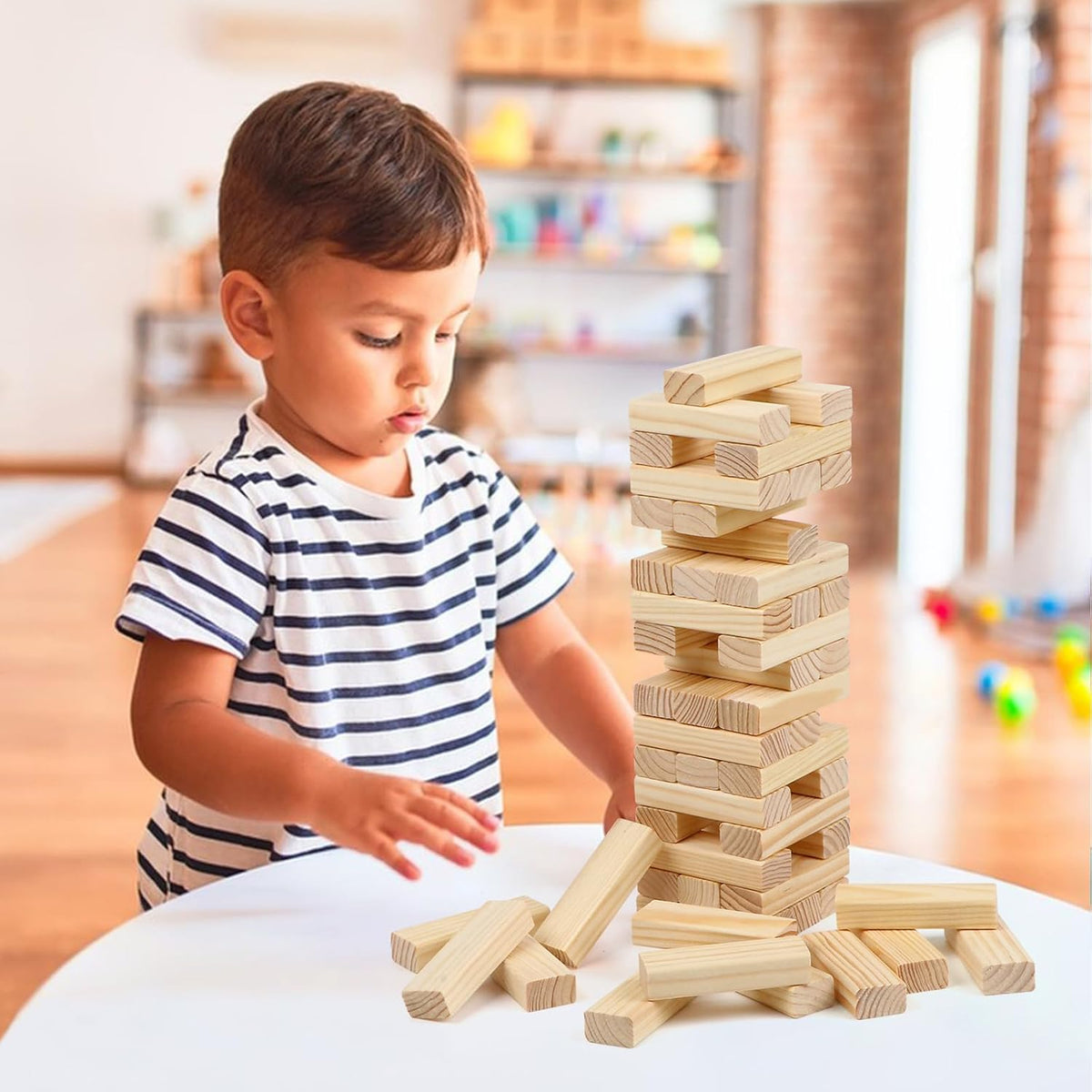 Canuan tumbling tower game, 54 wooden stacking blocks with storage bag - view 2