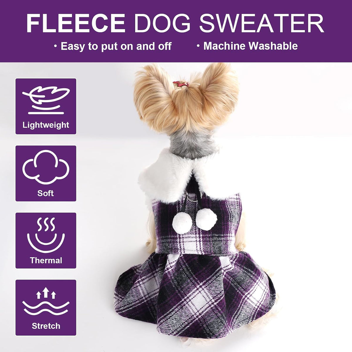 Dog Sweater with Leash Set D Ring Plaid Fleece Dog Clothes for Small - Medium (Chest 17in ) / Purple with Leash - image 4