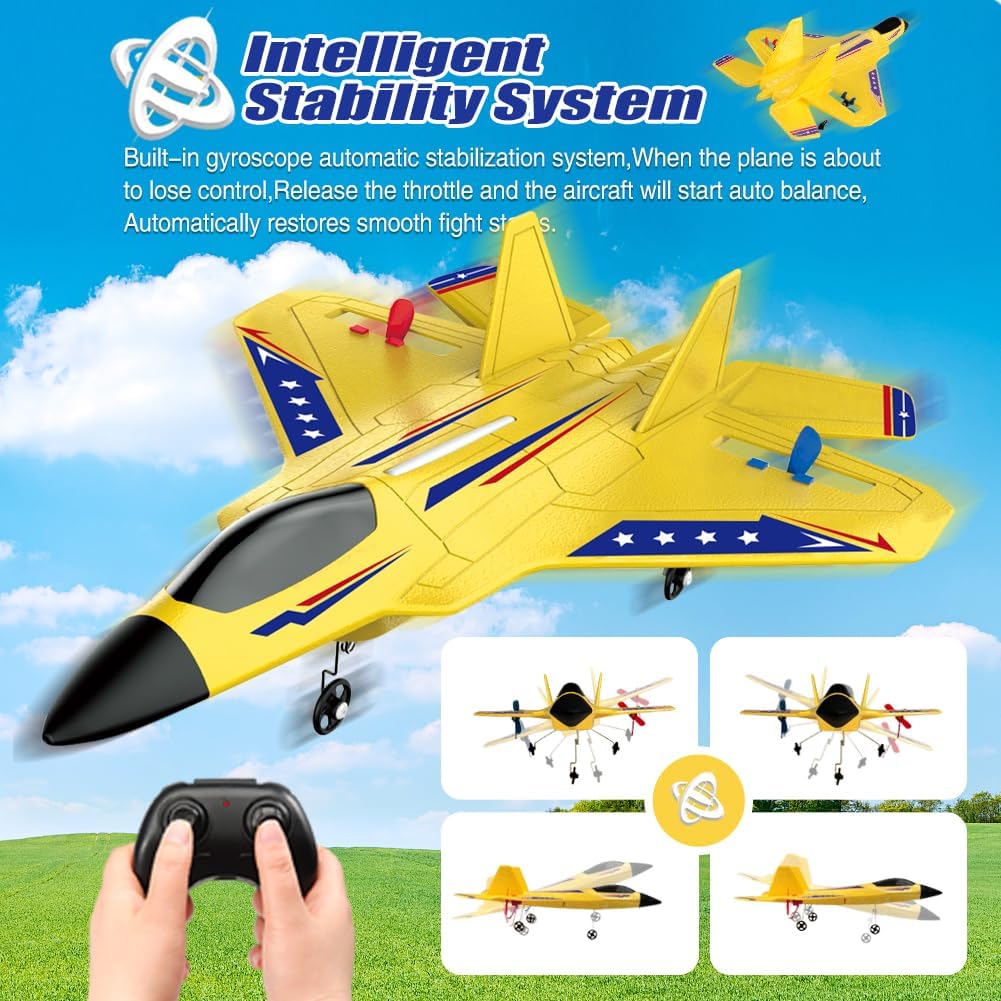 SU-27 RC Airplane,2.4GHz 2 Channel Remote Control Plane with Gyro Night Lights and 2 Batteries - Yellow 2 Batteries - image 3
