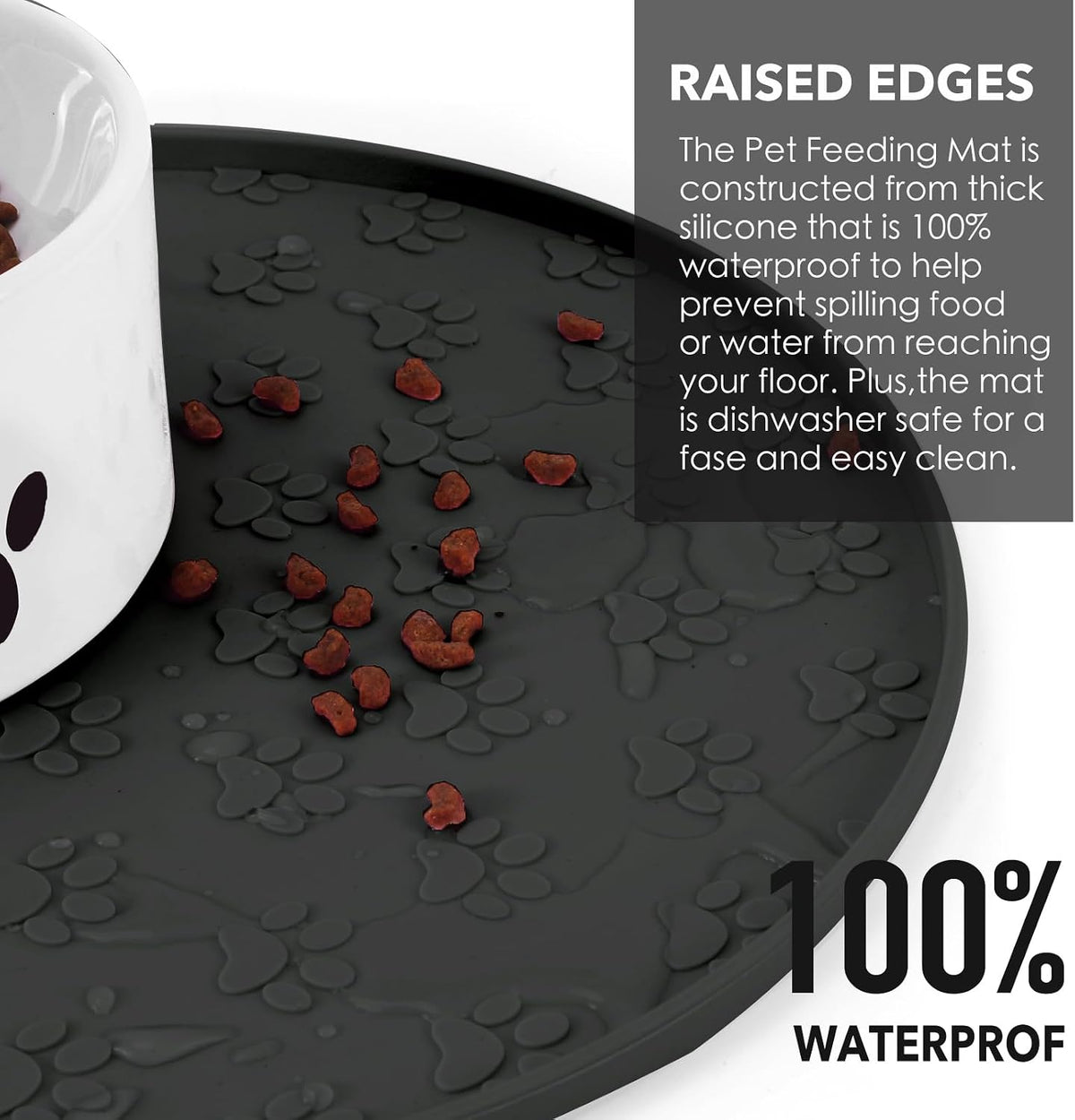 Silicone Pet Food Mat - Waterproof Dog & Cat Feeding Mat with High Lip to Prevent Spills & Protect - Black - image 2