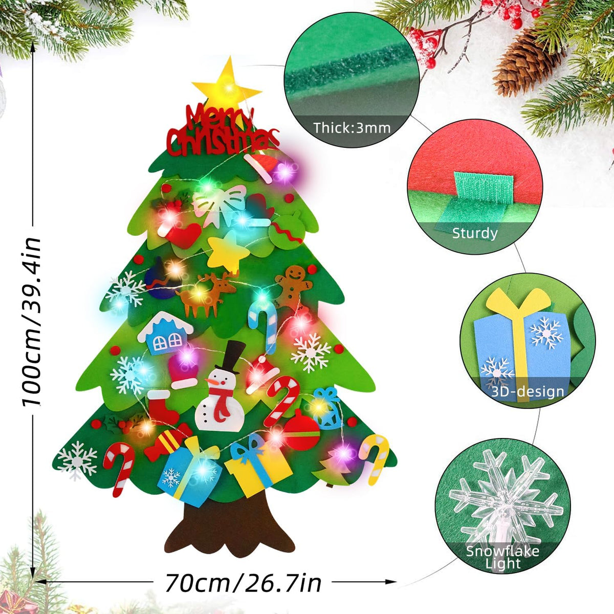 Felt Christmas Tree for Toddlers with Snowflake Light + 32 Ornament - B-Colorful Light - image 3