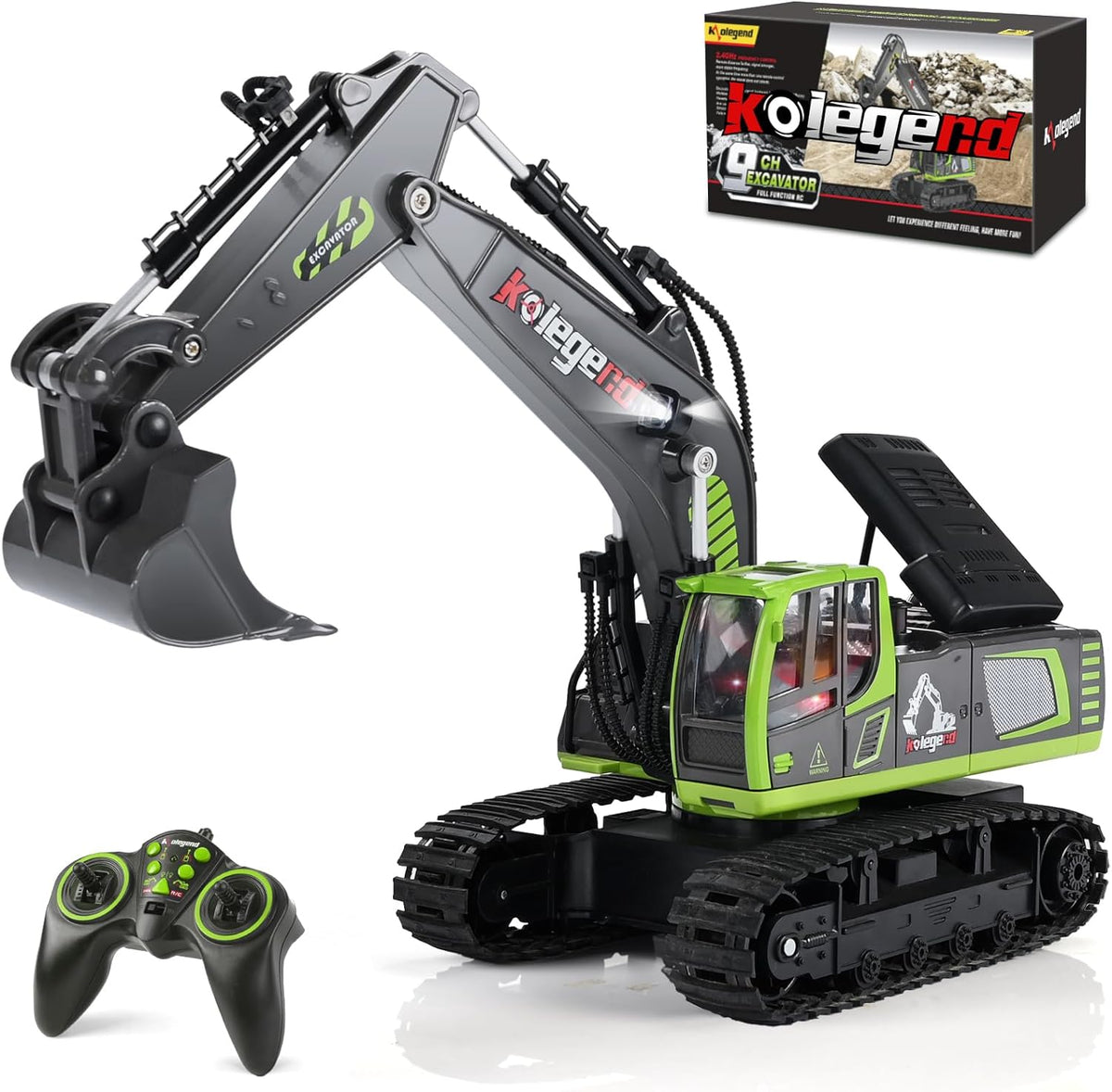 kolegend RC Excavator Toy, 1:18 Remote Control Excavator - Green / Medium