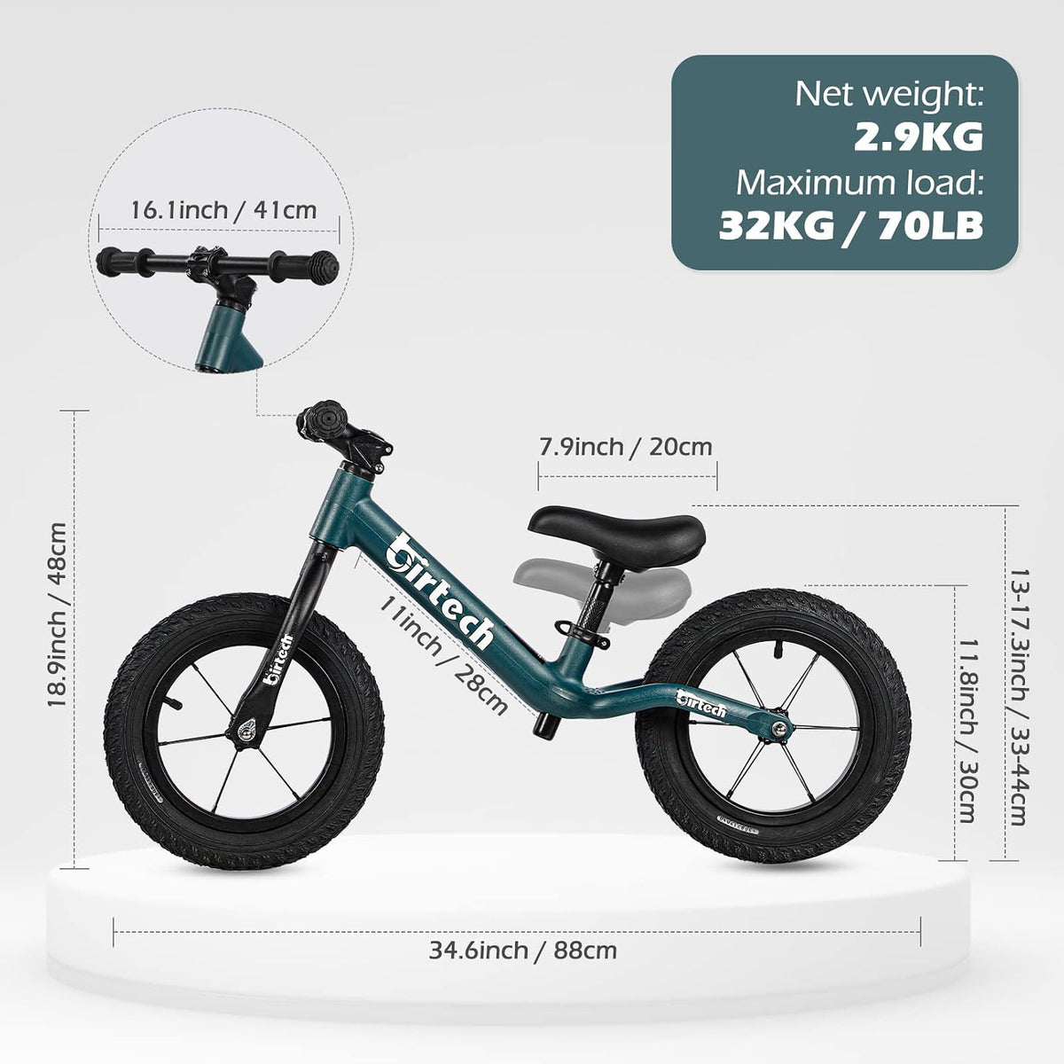 Birtech 12 inch balance bike with air rubber tires, U-shaped footrest and aluminum handlebar - view 15