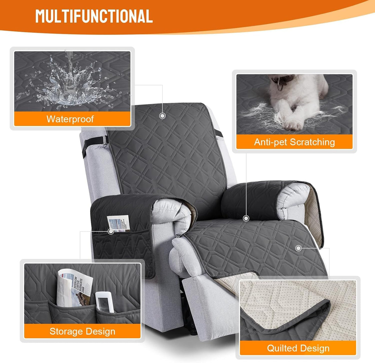 VANSOFY 100% Waterproof Recliner Chair Covers - Charcoal Gray / 22" - image 4