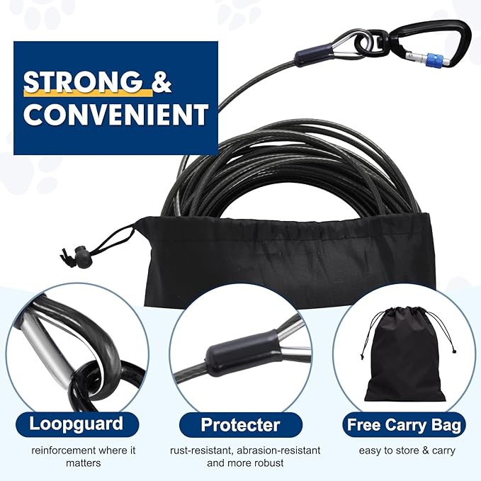 Snagle Paw Dog Leads for Yard 50FT-1000LBS Break Strength,Heavy Duty Tie Out Cable for Dogs with Swivel Lockable Hook & Spring,Chew Proof Dog Chain for Outside,Dog Run Cable for Medium Large Dogs