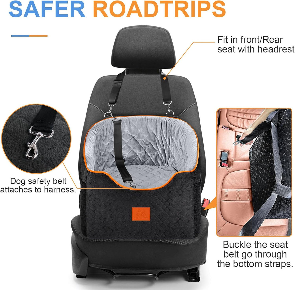 XIEEAOZEE Dog Car Seat for Small/Medium Dogs & Cats Under – Essentials for Dogs - Black/Gray - image 4