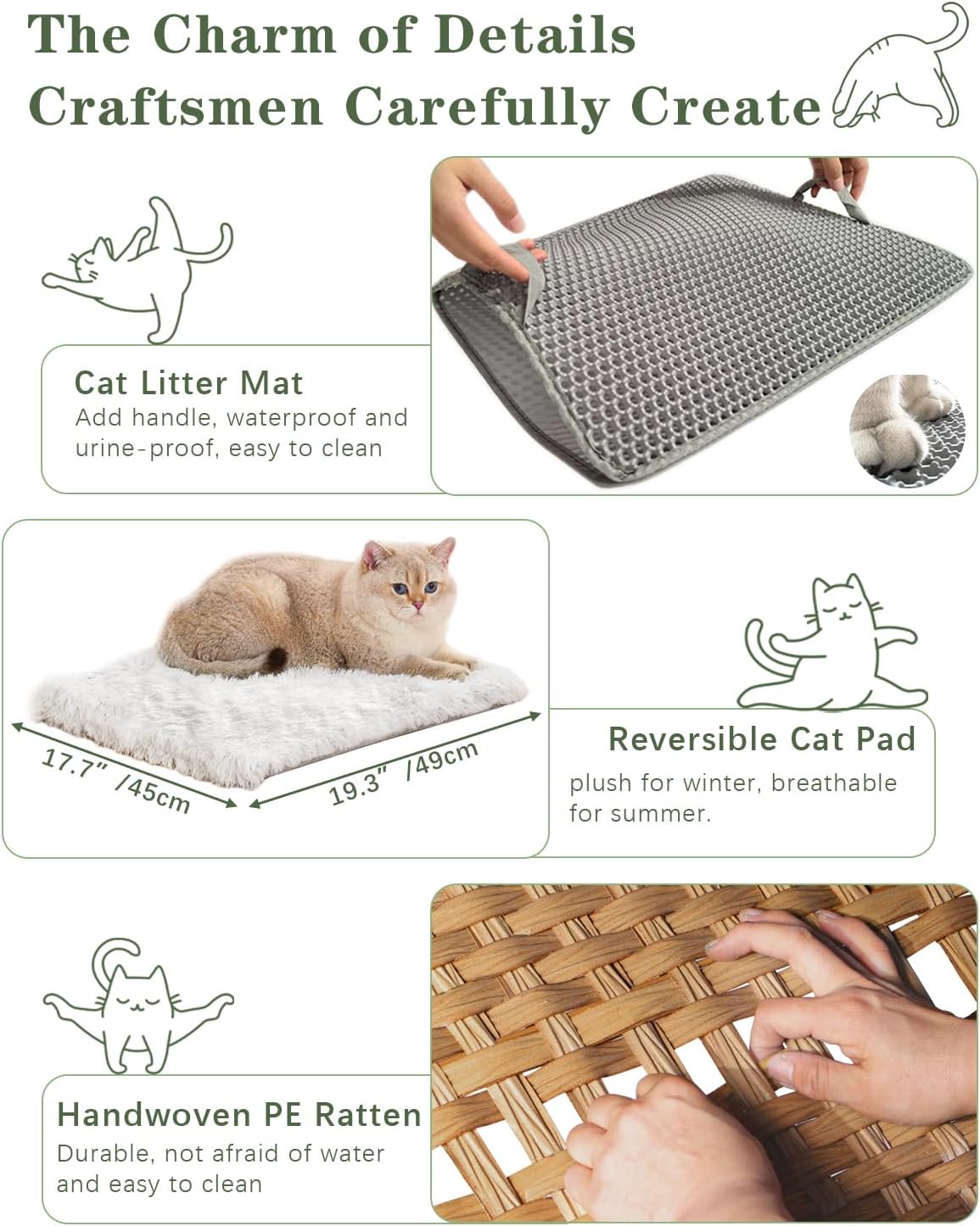 Cat Litter Box Enclosure Furniture, Hidden PE Rattan - Natural / Standard With 1 Cat Bed - image 4