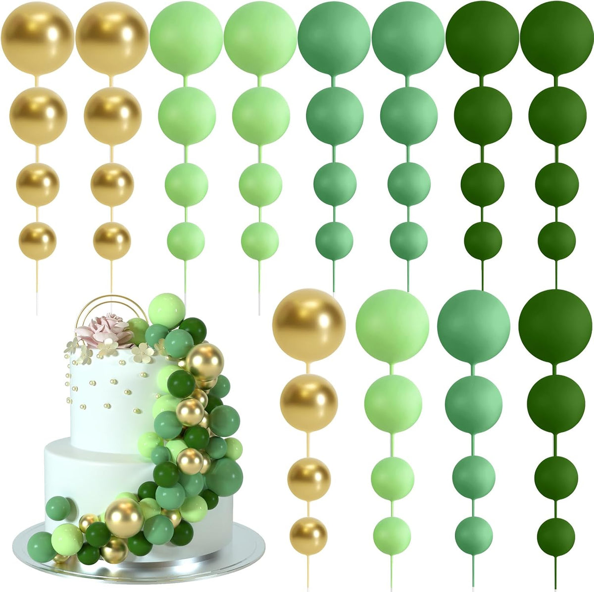 48 Pcs Balls Cake Topper Decorations Balloon Cupcake Toppers Foam - A07-green, Gold