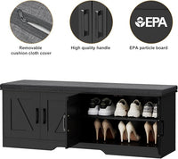 2-Tier Storage Bench, Shoe Bench with Padded Seat Cushion, Entryway Bench with 4 Barn Doors, Adjustable Shelf, 13.8" D x 47.2" W x 17.7" H, for Entryway, Living Room, Bedroom, Black