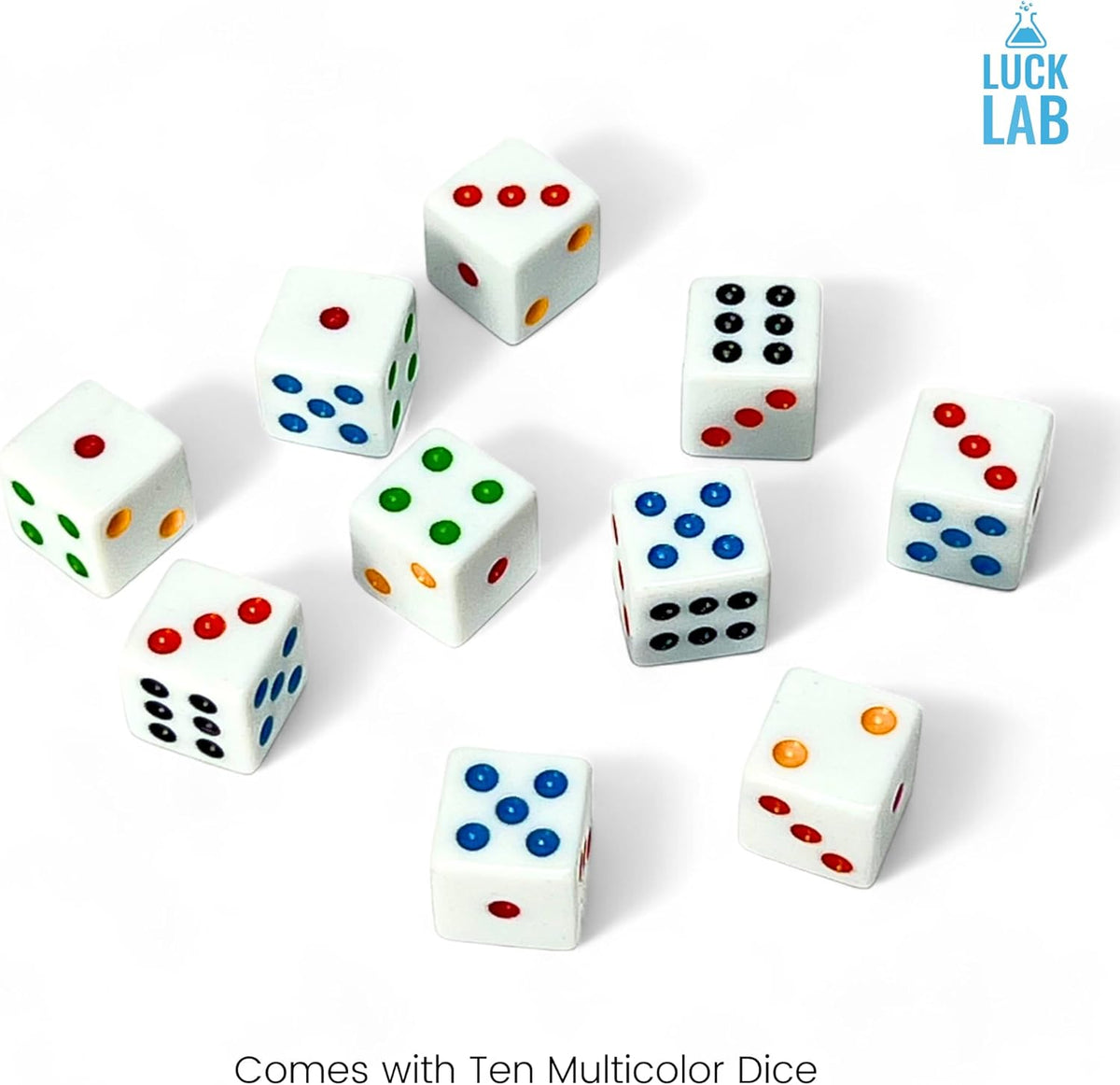 Luck Lab 6 sided dice set of 10 white 16mm D6 dice with multicolor rainbow pips - view 6