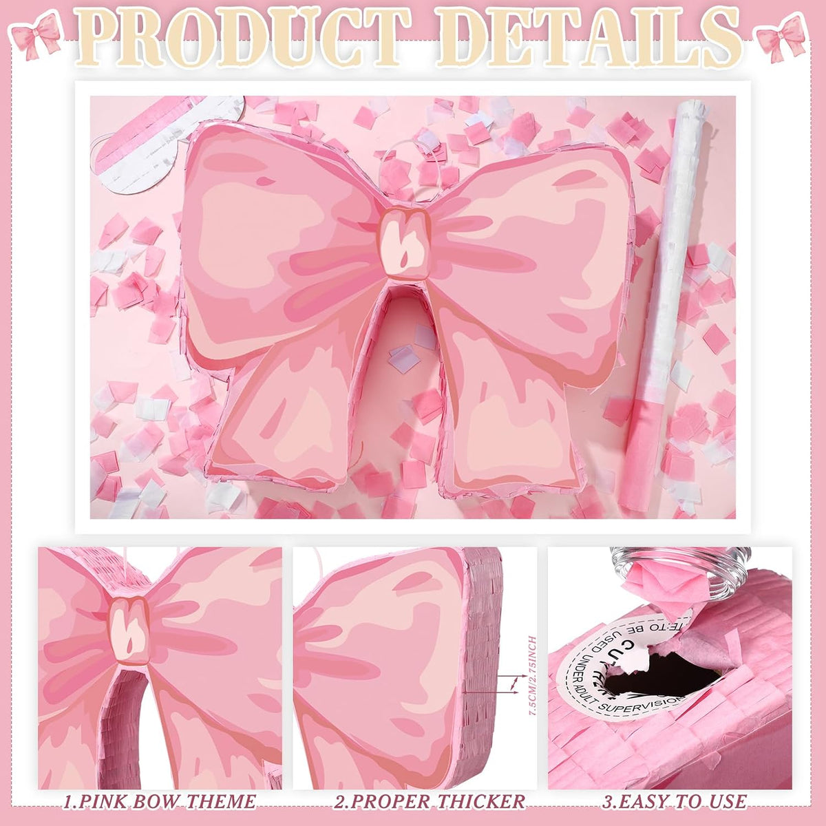 Feifeiya pink bow piñata with pink and white bat, eye masks and confetti - view 15
