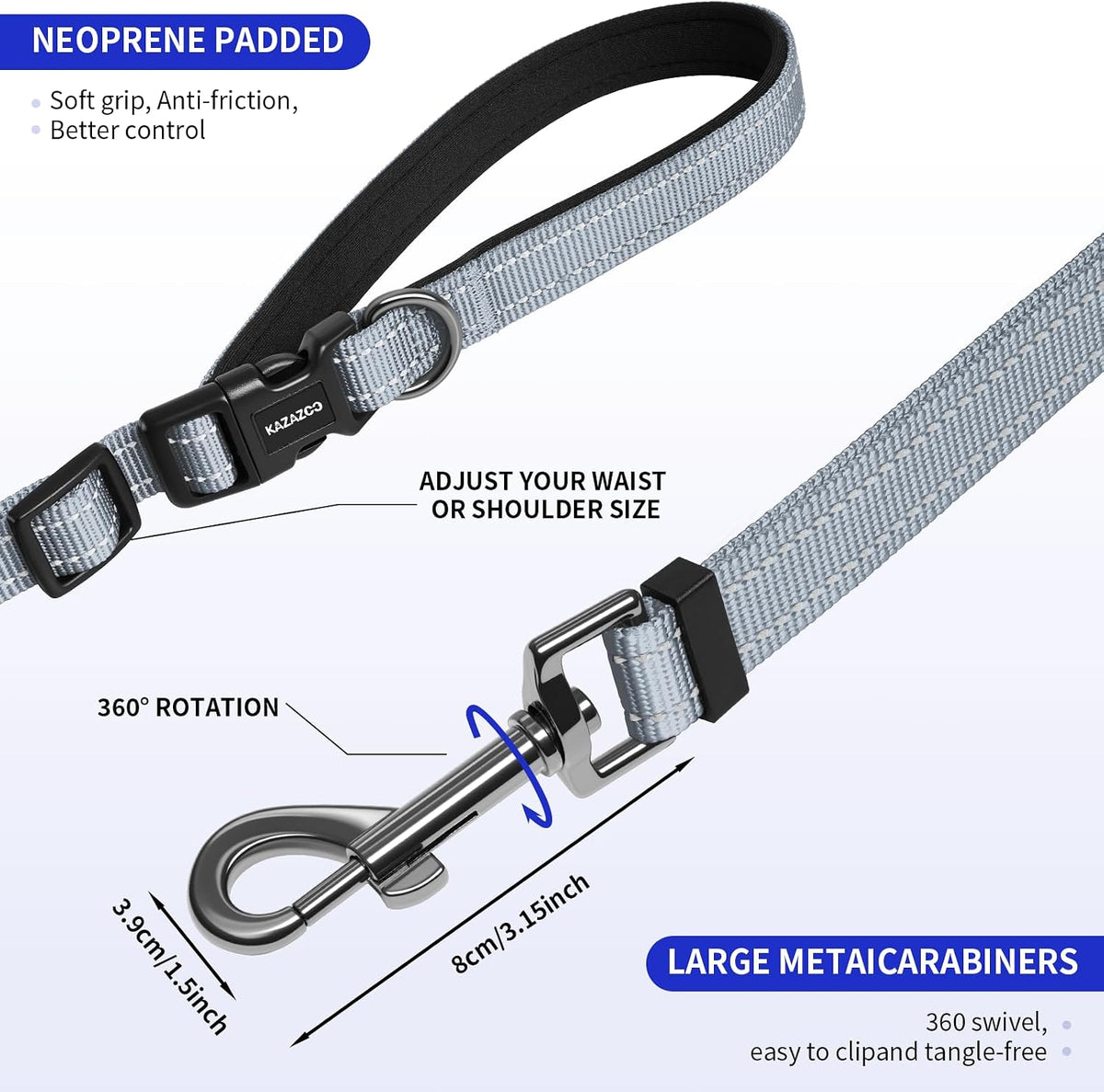 Kazazoo Hands-Free Dog Leash Adjustable Length 5-8 Ft - Grey / M - image 4