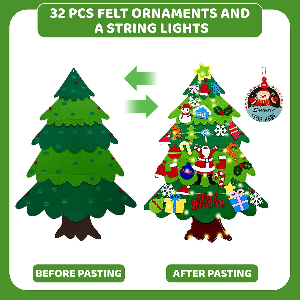 Onekka DIY felt Christmas tree set for kids with 32 felt ornaments and string lights - view 6