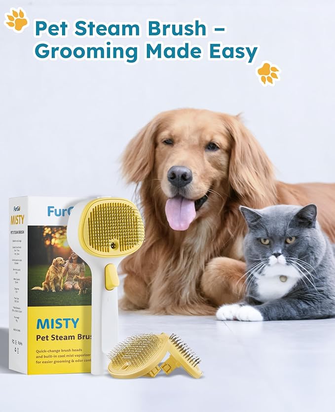 FURGO 3-in-1 Pet Steam Brush for Dogs & Cats – Reduces Static, Replaceable Heads, One-Touch Hair Ejection, Dog Spray Brush for Shedding Control(Long&Short)