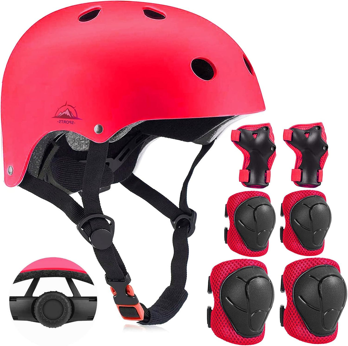 Adjustable Kids Helmet with Knee Pad, Elbow Pads & Wrist Guards - red / Medium( 8-14 years )