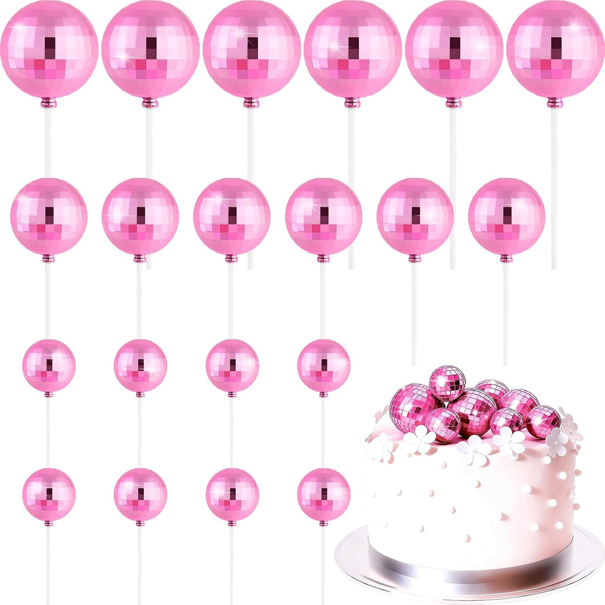 ASTARON 20 Pcs Gold Balls Cake Topper Decorations for Birthday Cake - Disco Pink