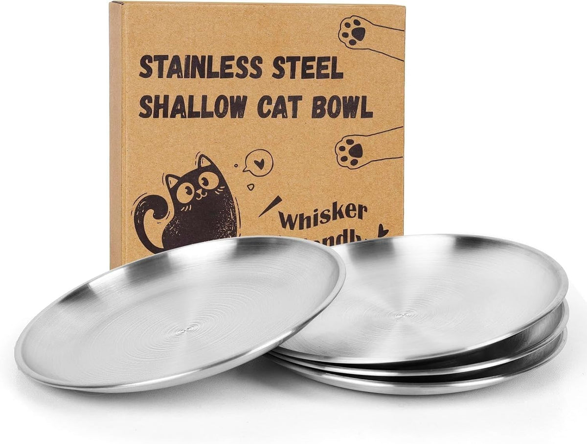 4-Pack Stainless Steel Cat Food Bowls, Whisker-Friendly Plates – Essentials for Cats - 4