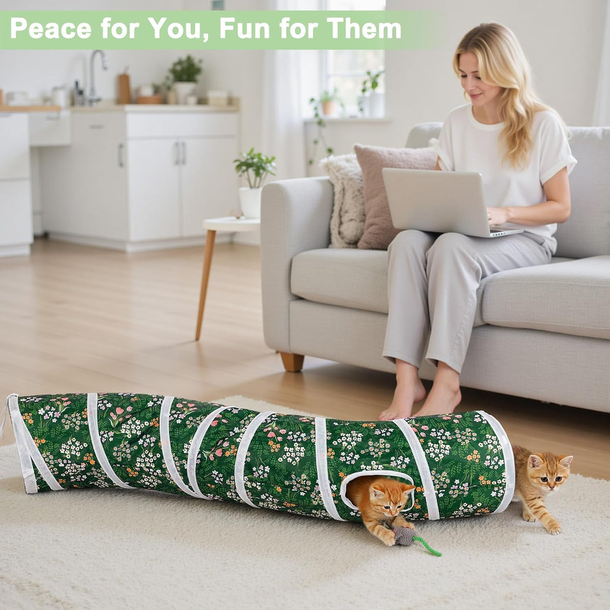 Glittme Cat Tunnel, Cat Tunnels for Indoor Cats - Green Flowers - image 2
