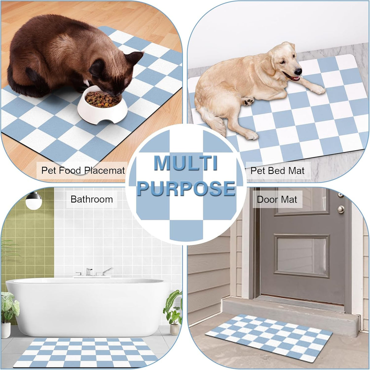 Cat Food Mat, 12"x 20" Cat Dog Mats for Food and Water Bowl - 12"L x 20"W / Blue & White - image 3