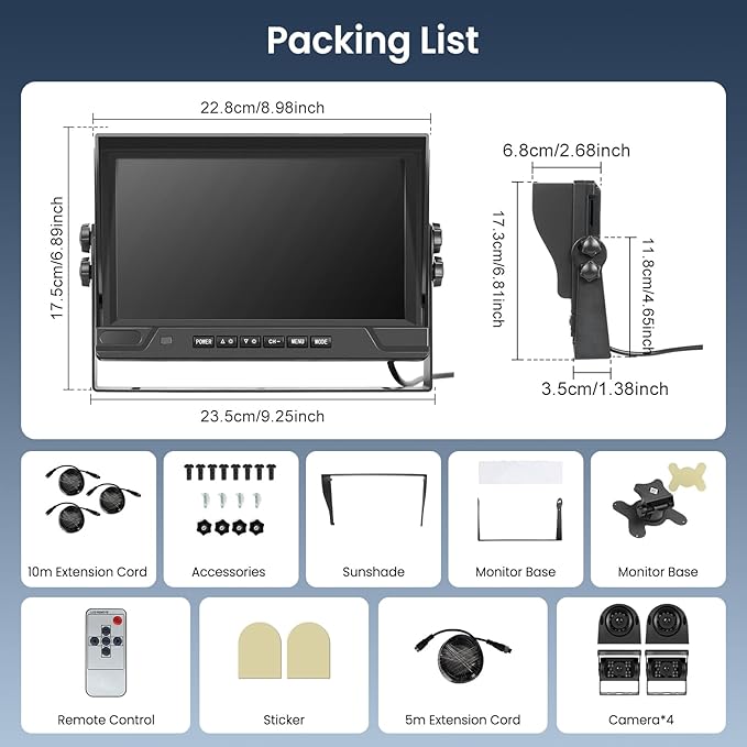 RV Backup Camera System 1080P, Hodozzy 9 Inch 4 Split Screen Monitor System, Waterproof 4 Reverse Cameras Night Vision Reversing Camera Kit for Car Truck/Trailer/Bus Truck/RV, DVR Loop Recording