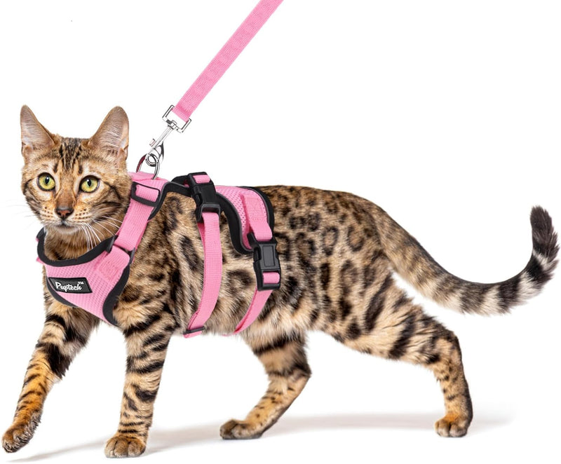 PUPTECK Cat Harness and Leash Set Escape Proof for Walking - S: Neck 9"-11.4", Chest 11"-16.1" / Pink