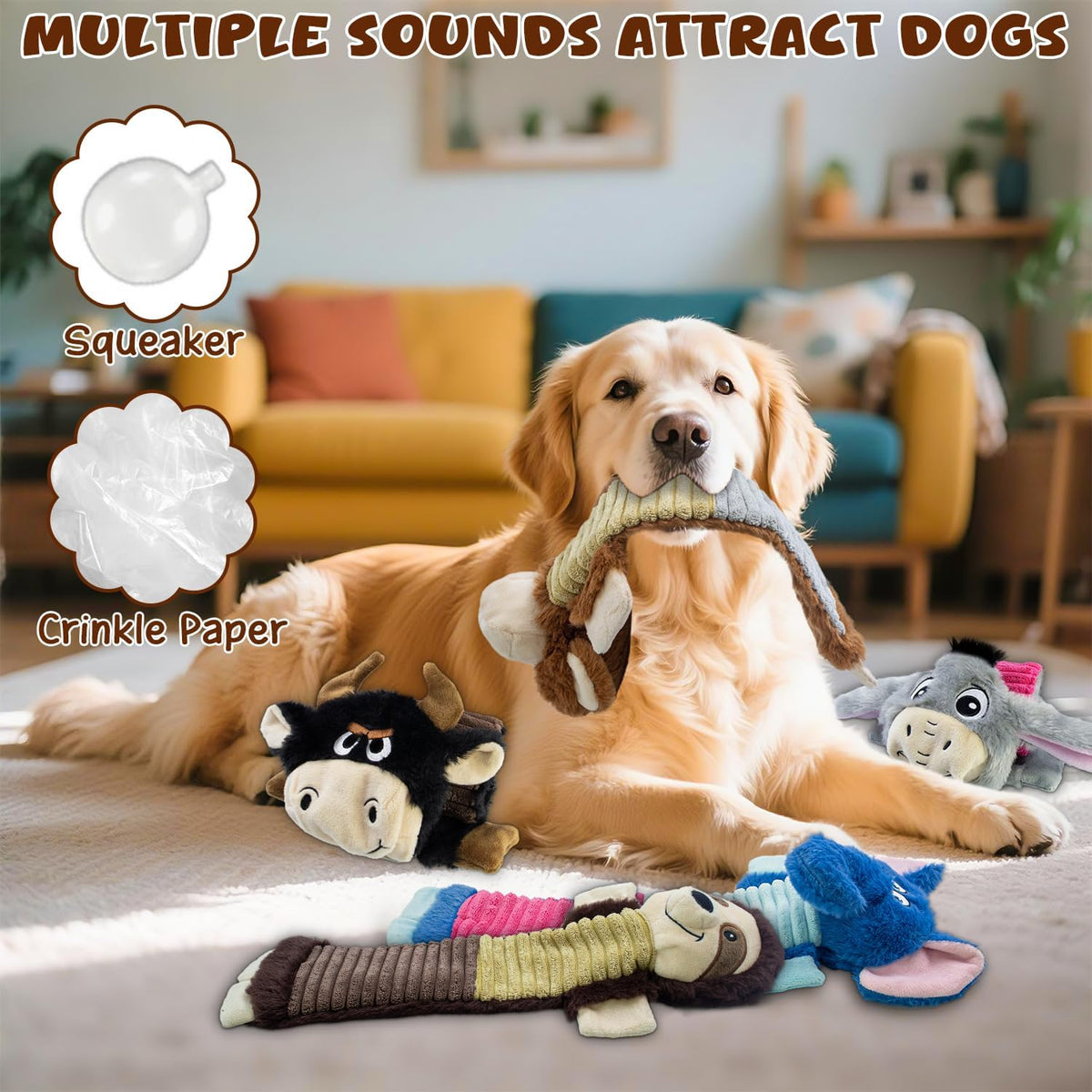 2 Pack No Stuffing Dog Squeaky Toys - Donkey, Elephant, Cattle, Monkey, Sloth - image 3