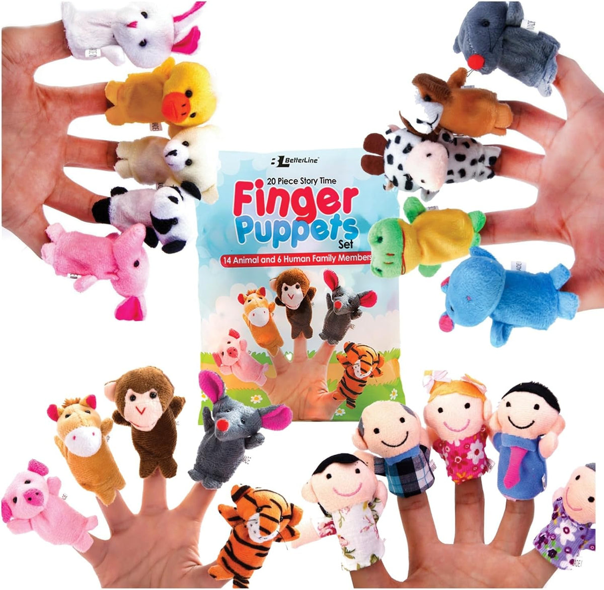 BETTERLINE 20 Piece Story Time Finger Puppets Set Cloth Velvet - 20 Pieces Animals & Family Members / Finger Puppets