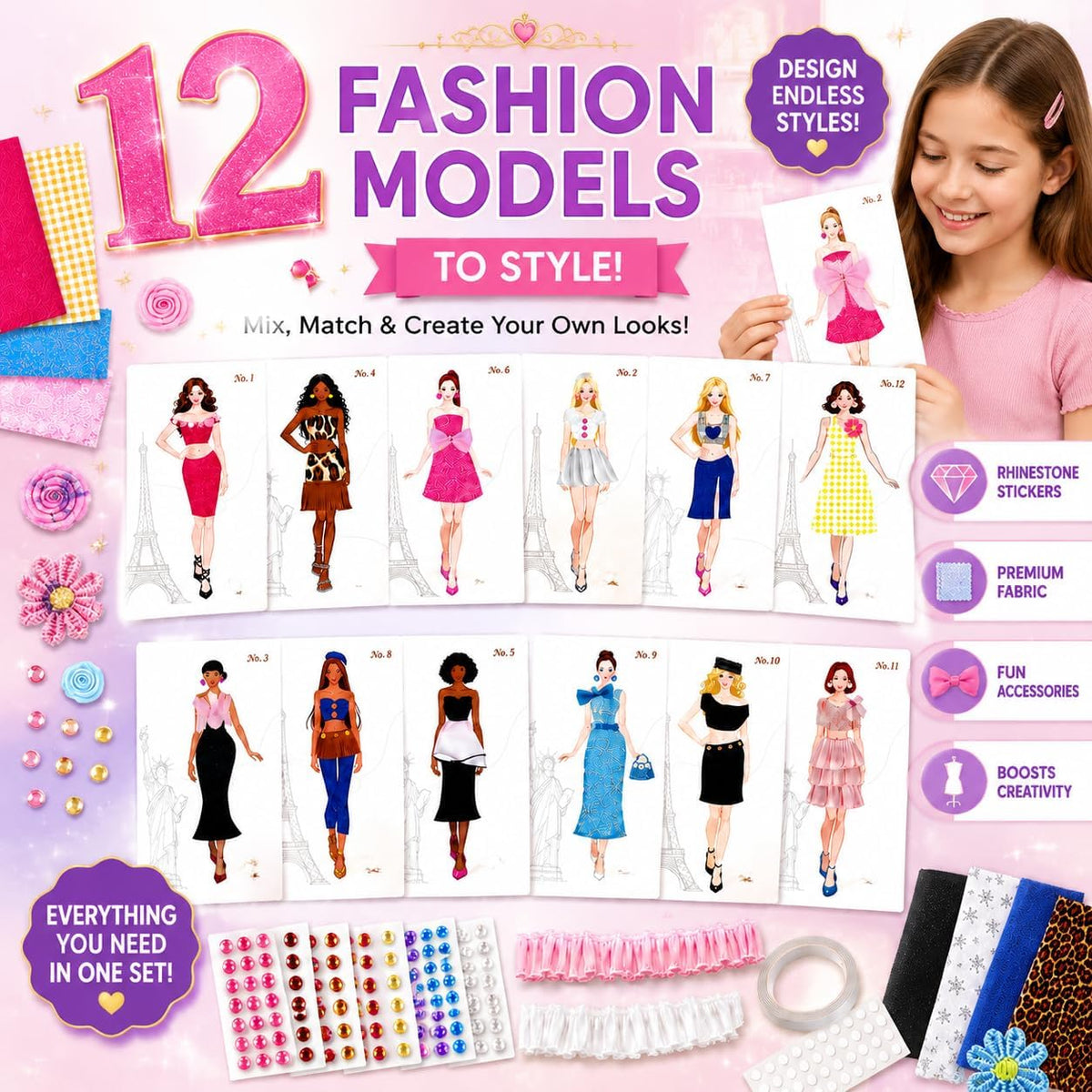 AGENTLAN fashion designer kit for girls with mannequins, fabrics, ribbons and rhinestones - view 6