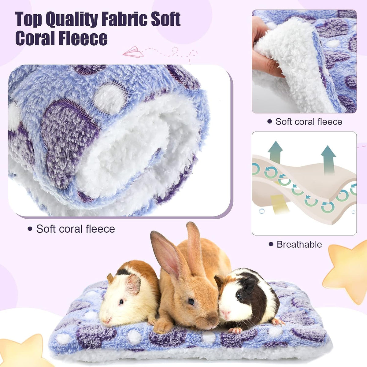 Jetec 3 Pcs Guinea Pig Beds, Fleece Small Animal Mats - Fleece / Heart / Purple - image 3