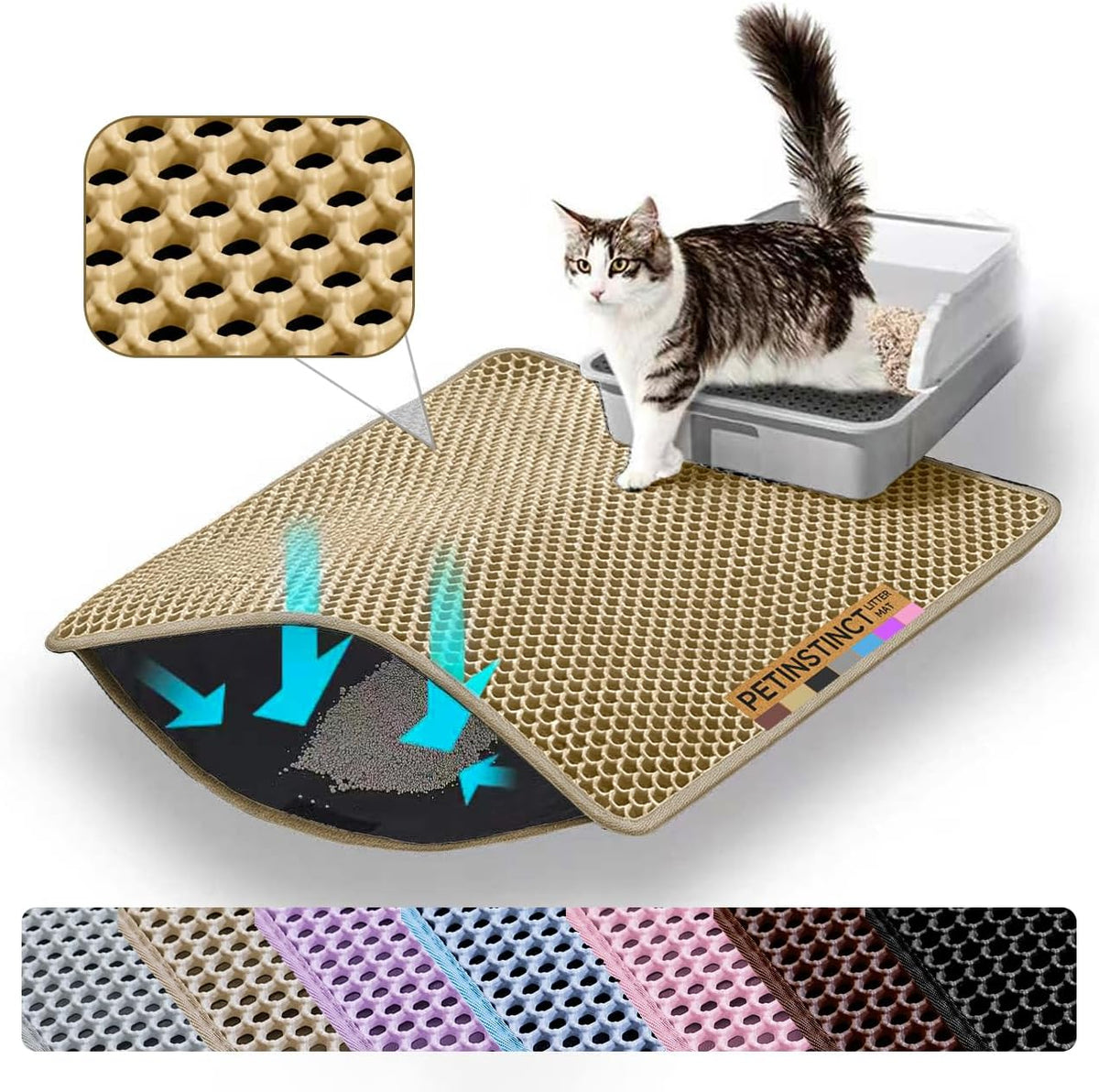 Cat Litter Mat, Double Layer Honeycomb Litter Box Mat – Daily Care for Cats - 46x26 Inches / Beige
